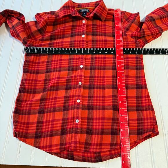 Land’s End Women’s Orange Plaid Flannel Buttondown shirt size 10 - Picture 7 of 8
